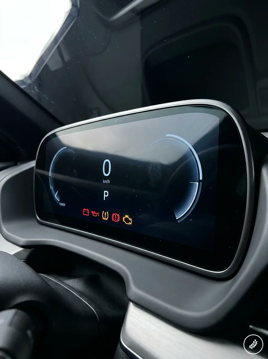 Digital_dashboard_redesign_premi_202607160337 Digital car dashboard showing 0 km/h, 'P' gear and warning lights (battery, oil, TPMS, check engine) | Sky Rye Design Digital car dashboard showing 0 km/h,'P' gear and warning lights (battery, oil, TPMS, check engine)