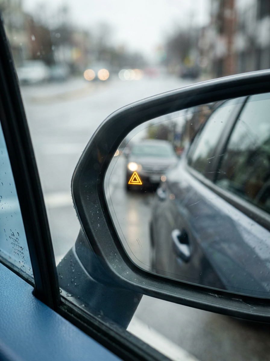 Car_mirror_blind_spot_warning_202607160323 Car side mirror with illuminated blind-spot warning triangle and approaching car on rainy street | Sky Rye Design Car side mirror with illuminated blind-spot warning triangle and approaching car on rainy street