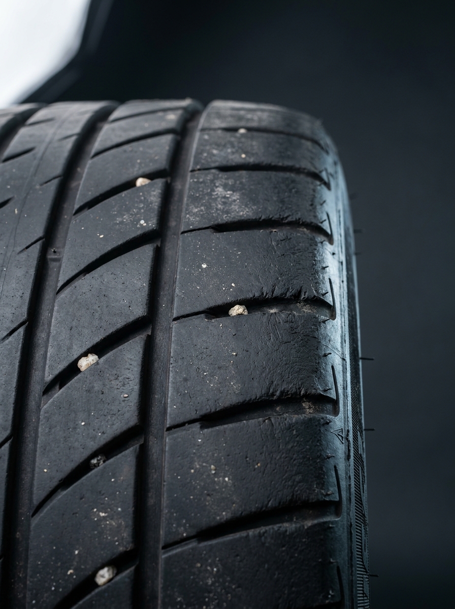 Black_tire_tread_gravel_embedded_202607160330 Close-up of worn car tire with low tread and small stones in grooves, highlighting tire wear and replacement need | Sky Rye Design Close-up of worn car tire with low tread and small stones in grooves, highlighting tire wear and replacement need