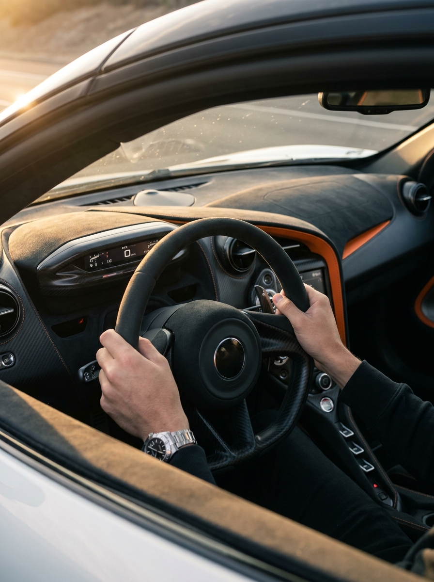 Supercar_cockpit_hands_on_wheel_202607160338 Driver hands on carbon-fiber steering wheel inside luxury sports car interior with orange trim and digital dashboard | Sky Rye Design Driver hands on carbon-fiber steering wheel inside luxury sports car interior with orange trim and digital dashboard