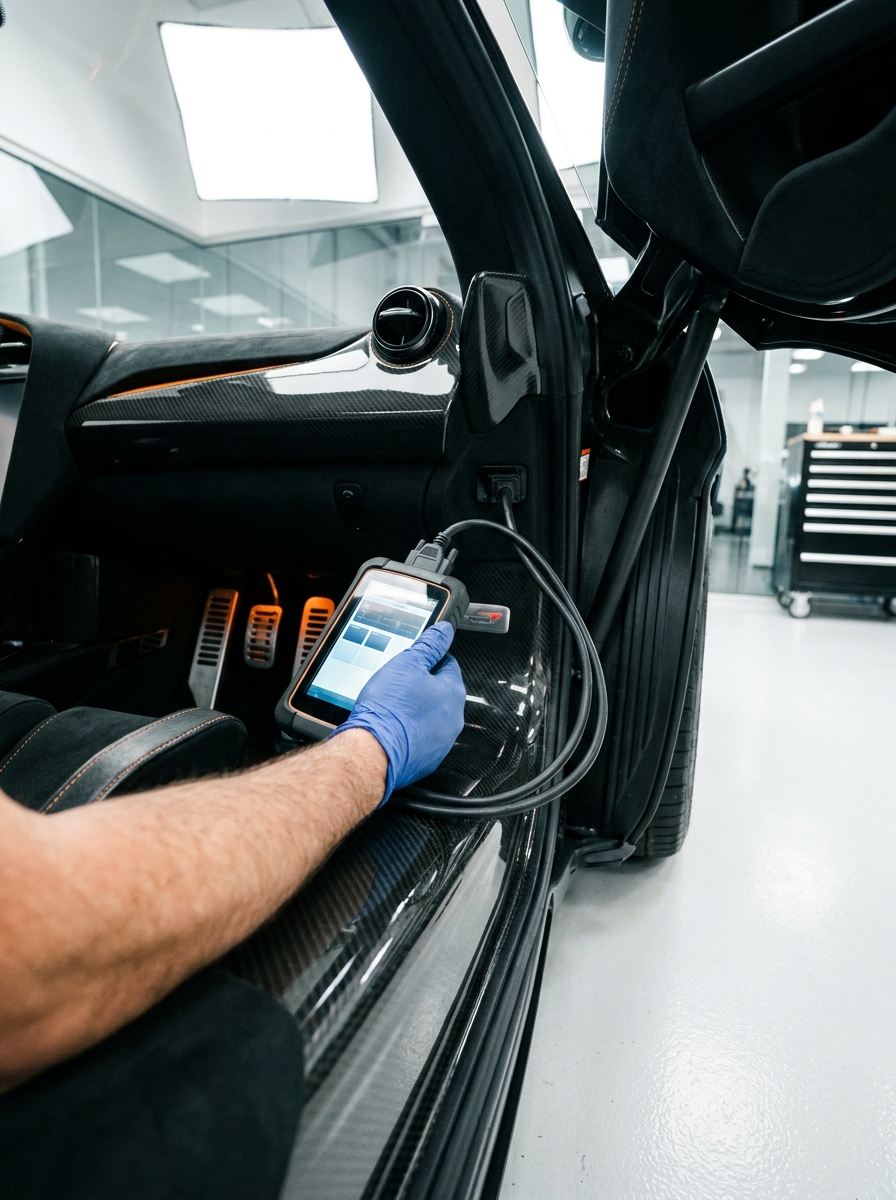 Mechanic_holding_diagnostic_scan_202607160342 Car diagnostic technician using tablet on luxury carbon-fiber sports car (OBD2 scan) with scissor door open | Sky Rye Design Car diagnostic technician using tablet on luxury carbon-fiber sports car (OBD2 scan) with scissor door open