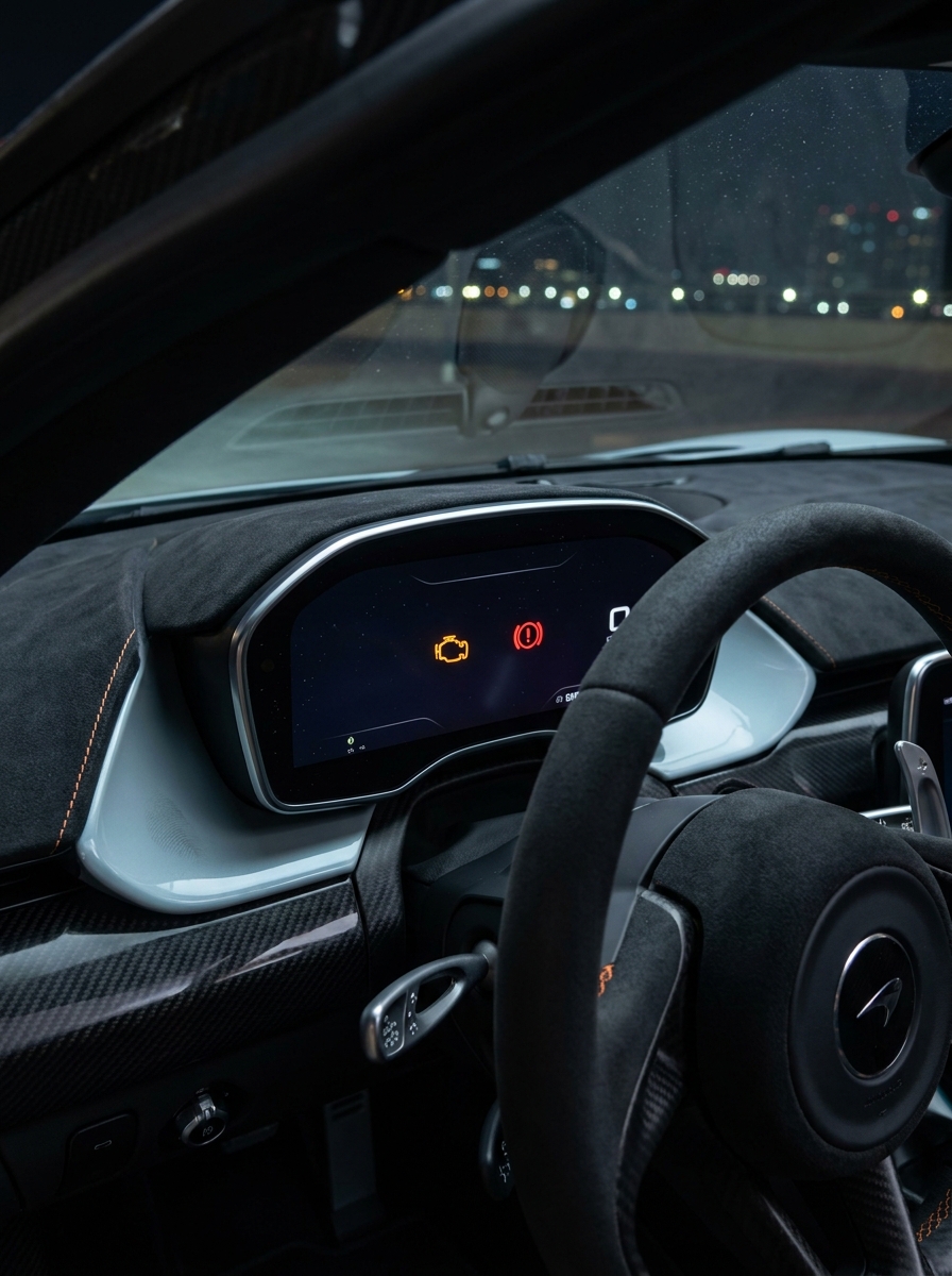 Supercar_dashboard_at_night_202607160344 Luxury sports car interior with suede steering wheel, carbon-fiber dash and digital instrument cluster showing warning lights | Sky Rye Design Luxury sports car interior with suede steering wheel, carbon-fiber dash and digital instrument cluster showing warning lights