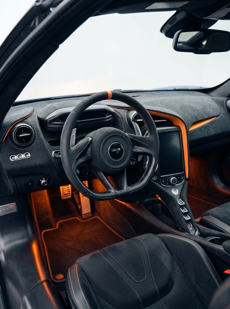 Supercar_cockpit_looking_forward_202607160346 Luxury sports car interior with carbon-fiber steering wheel, Alcantara seats, orange ambient lighting, touchscreen. | Sky Rye Design Luxury sports car interior with carbon-fiber steering wheel, Alcantara seats, orange ambient lighting, touchscreen.