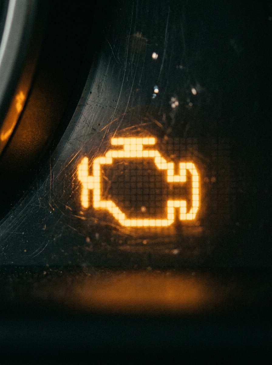 Amber_check-engine_icon_illuminated_202607160319 Amber check engine light illuminated on car dashboard indicating engine warning, possible malfunction, or need for diagnostics | Sky Rye Design Amber check engine light illuminated on car dashboard indicating engine warning, possible malfunction, or need for diagnostics