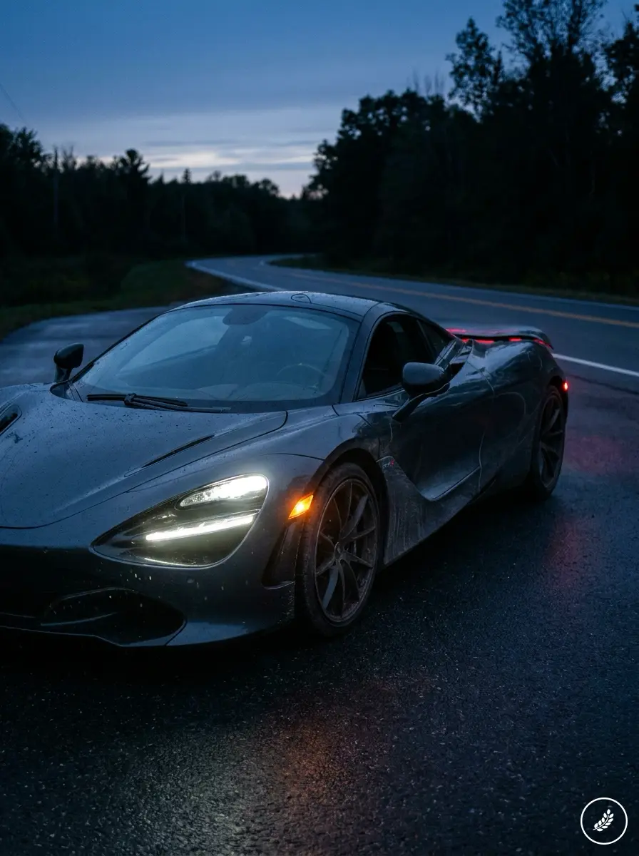 Supercar_stopped_on_road_dusk_202607160327 Luxury sports car on wet winding road at dusk with headlights on, sleek supercar parked on rainy asphalt | Sky Rye Design Luxury sports car on wet winding road at dusk with headlights on, sleek supercar parked on rainy asphalt