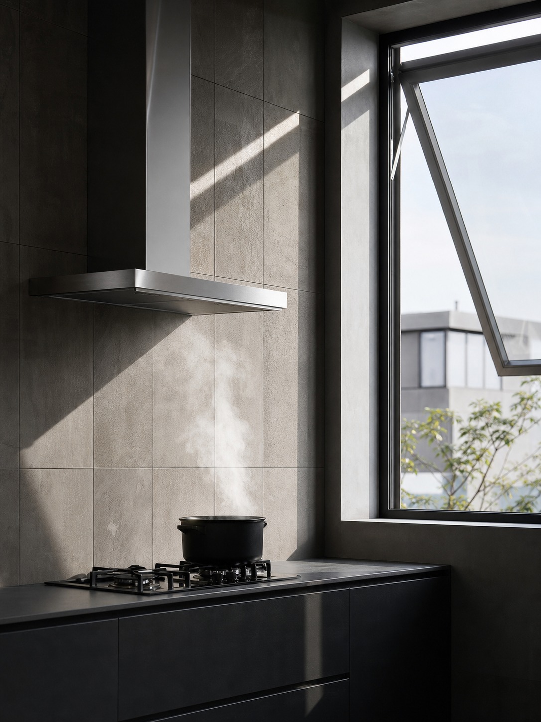 Ventilated kitchen cooktop near exterior wall Minimal kitchen cooktop on an exterior wall with a vent hood and nearby open window. | Sky Rye Design Minimal kitchen cooktop on an exterior wall with a vent hood and nearby open window.