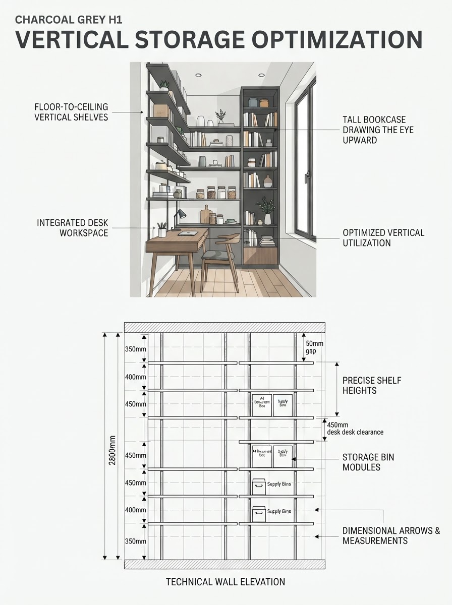 Vertical Space and High Shelving Infographic Two-panel infographic: Study with ceiling-high floating shelves; bottom panel is an elevation view diagram of high shelving heights. | Sky Rye Design Two-panel infographic: Study with ceiling-high floating shelves; bottom panel is an elevation view diagram of high shelving heights.