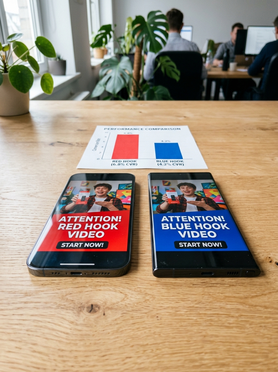 AB testing video ad hook variations Two smartphones showing red and blue video ad variations and conversion metrics on a desk | Sky Rye Design Two smartphones showing red and blue video ad variations and conversion metrics on a desk