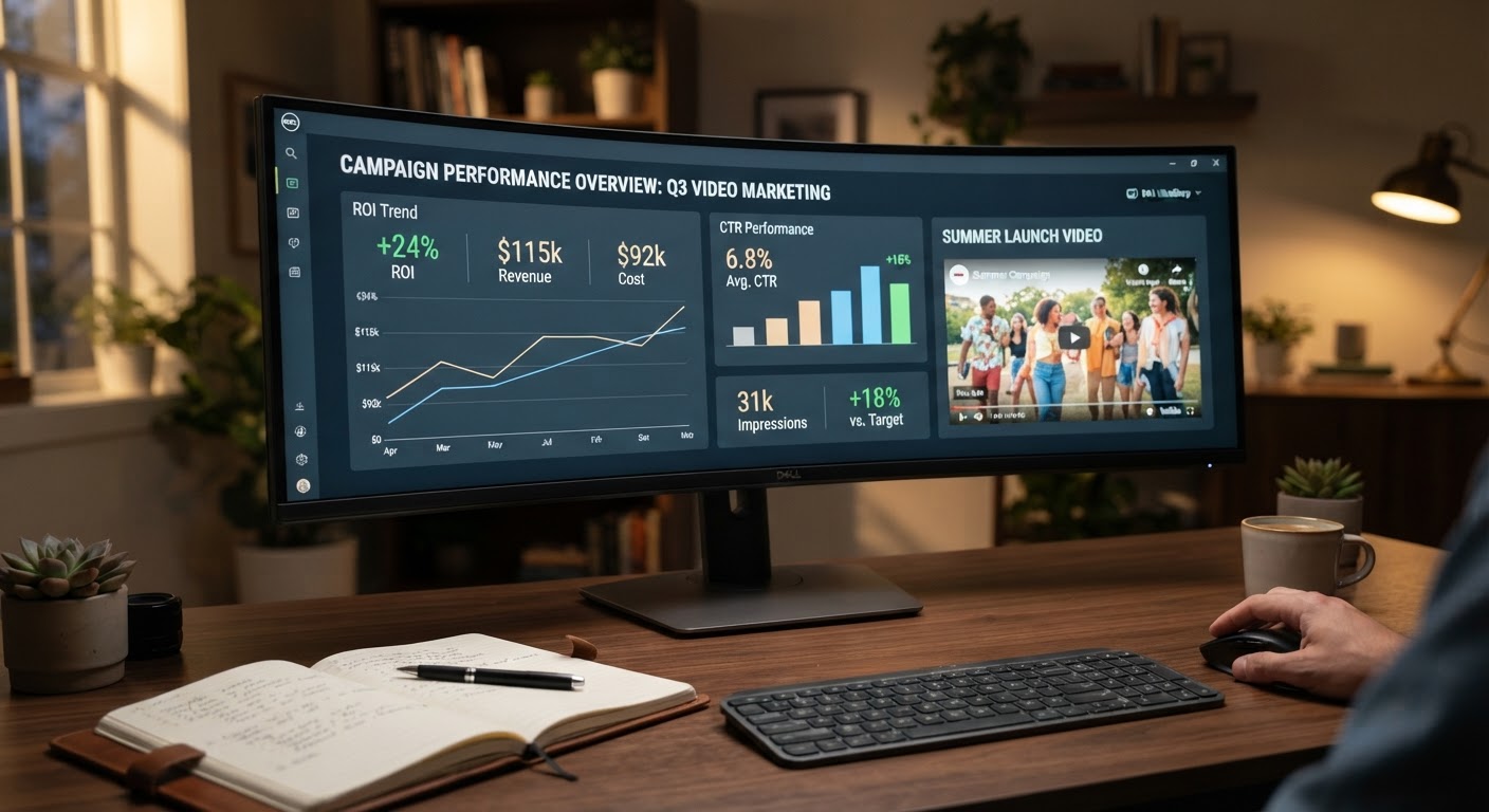 Video marketing campaign ROI report Video analytics campaign dashboard showing ROI, CTR, and audience statistics | Sky Rye Design Video analytics campaign dashboard showing ROI, CTR, and audience statistics