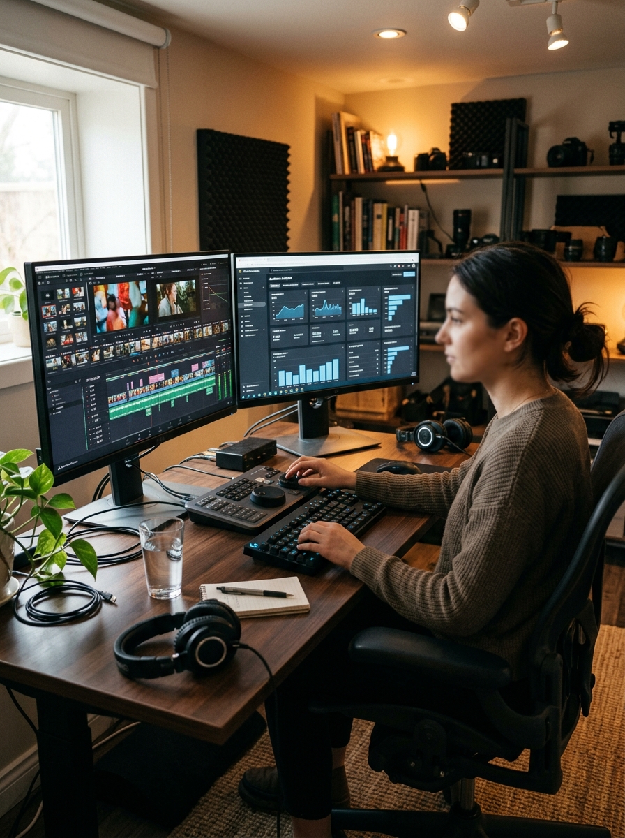 Video editing suite with analytics charts Video content analytics dashboard in a professional editing studio with timeline and watch time charts | Sky Rye Design Video content analytics dashboard in a professional editing studio with timeline and watch time charts