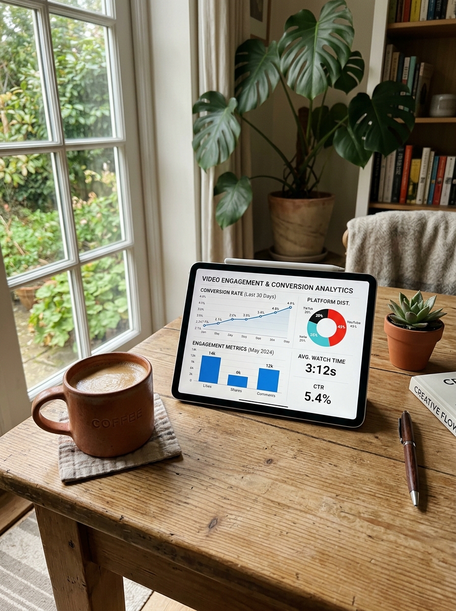 Mobile video conversion analytics Tablet on a wooden table displaying video engagement analytics, with a coffee mug, potted plant, and books in the background. | Sky Rye Design Ceramic coffee cup next to a tablet displaying video conversion rates and CTR charts