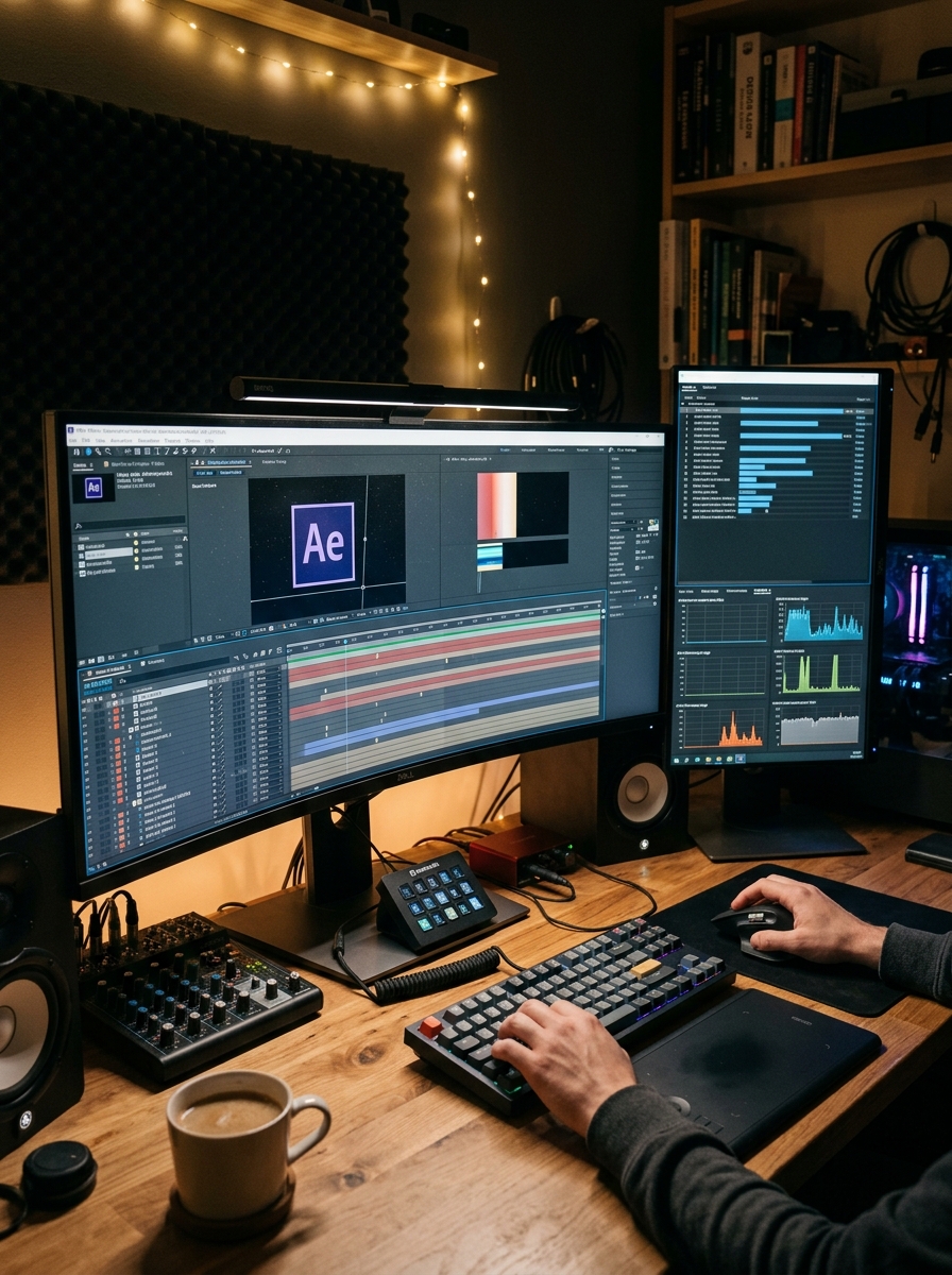 Motion designer render queue metrics Workstation displaying 2D animation editing layers and rendering queue statistics | Sky Rye Design Workstation displaying 2D animation editing layers and rendering queue statistics