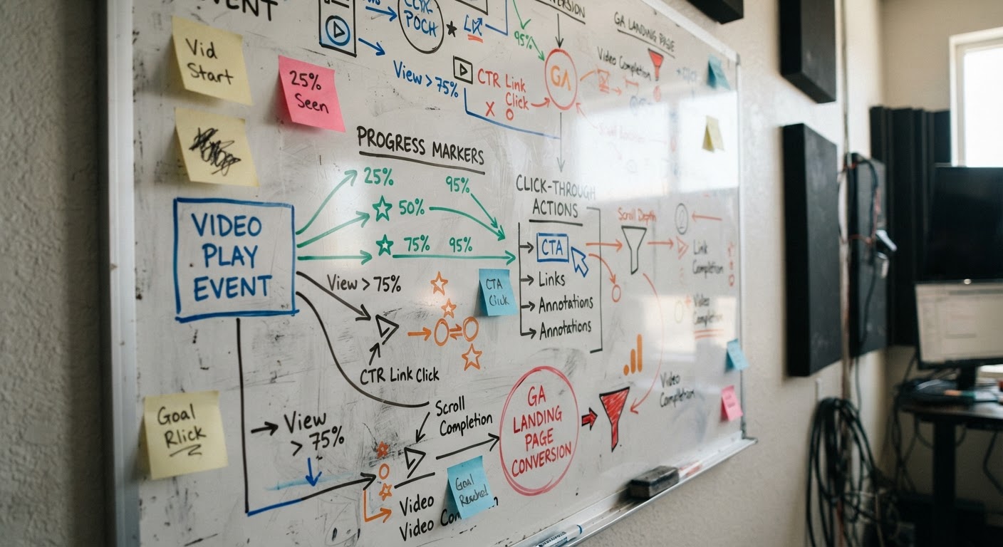 GA4 video event tracking flowchart Video data analysis flowchart mapping video plays, progress milestones, and website conversions | Sky Rye Design Video data analysis flowchart mapping video plays, progress milestones, and website conversions
