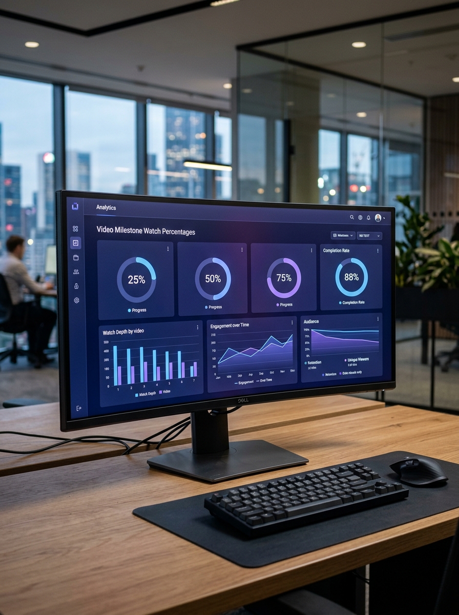 Video watch milestone funnel UI Sleek dashboard displaying watch milestones at 25%, 50%, 75% and overall completion rate | Sky Rye Design Sleek dashboard displaying watch milestones at 25%, 50%, 75% and overall completion rate