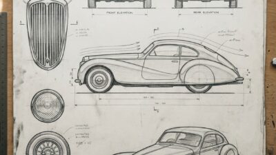 Documentary photograph of an automotive design sheet showing multiple perspective views and detail studies of a vintage car.