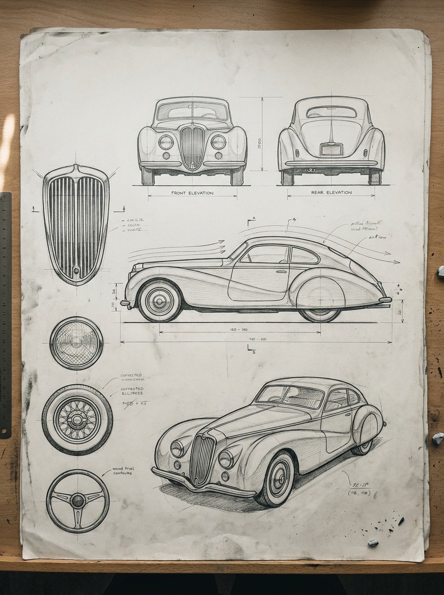 Documentary photograph of an automotive design sheet showing multiple perspective views and detail studies of a vintage car.