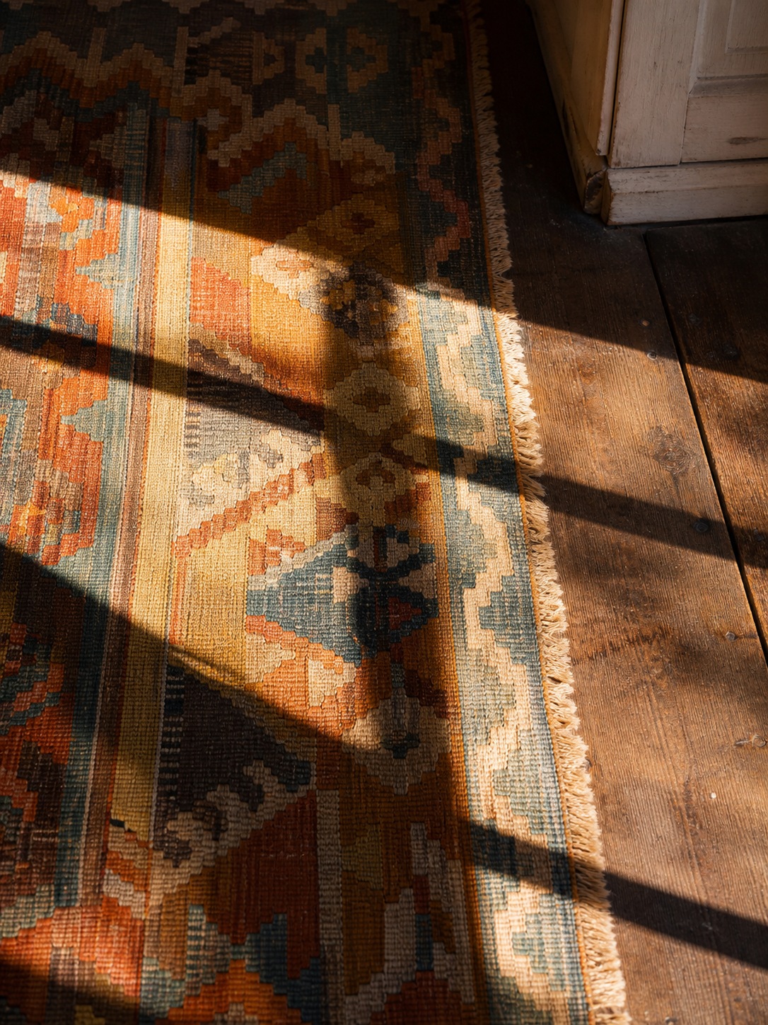 Raking light on vintage kilim A close-up of warm window light crossing a vintage kilim rug, showing faded fibers, texture, and shadow lines. | Sky Rye Design A close-up of warm window light crossing a vintage kilim rug, showing faded fibers, texture, and shadow lines.