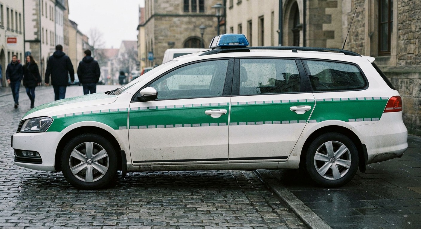 A German Polizei-style Volkswagen Passat reference parked on a cobblestone street.
