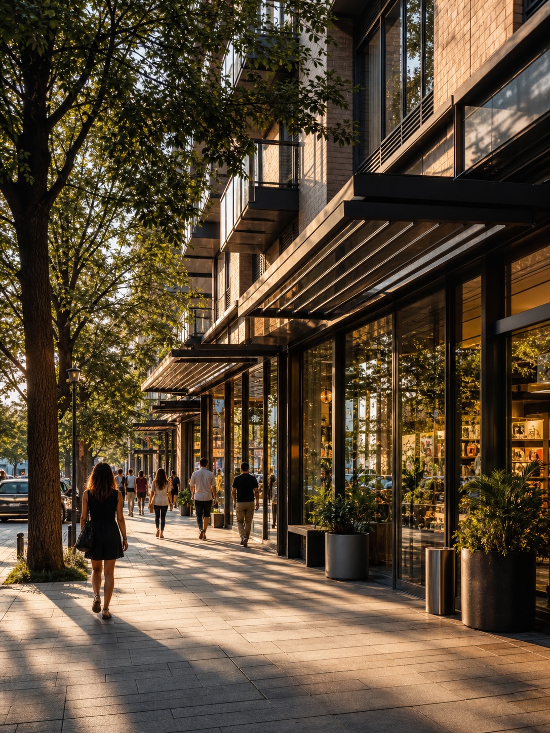 Walkable retail spine with glass storefronts below apartment balconies and pedestrians under trees.