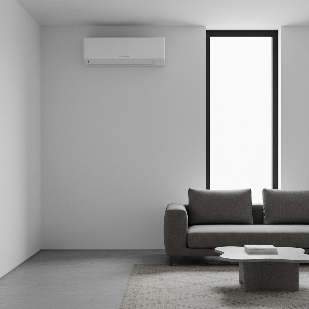 Minimalist living room with a wall-mounted mini split indoor unit aligned flush to a window header