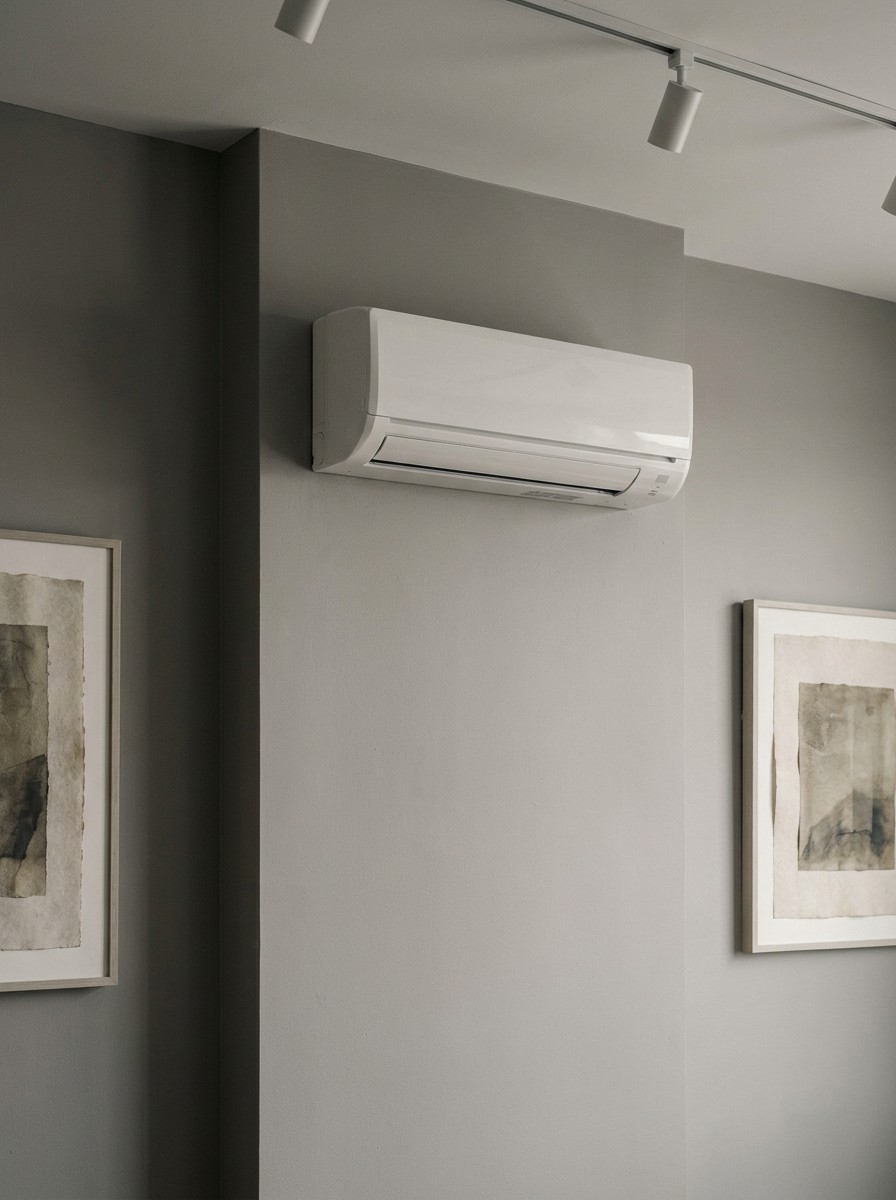 Indoor mini split head unit mounted symmetrically on a clean wall between two minimalist art pieces