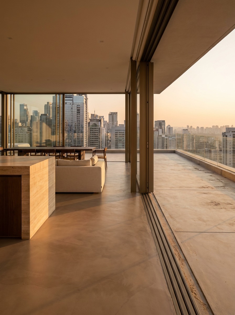 Warm Taupe Rooftop Pavilion Polyaspartic Epoxy Floor Rooftop living pavilion overlooking city skyline with a seamless warm-taupe epoxy floor and satin polyaspartic finish. | Sky Rye Design Rooftop living pavilion overlooking city skyline with a seamless warm-taupe epoxy floor and satin polyaspartic finish.