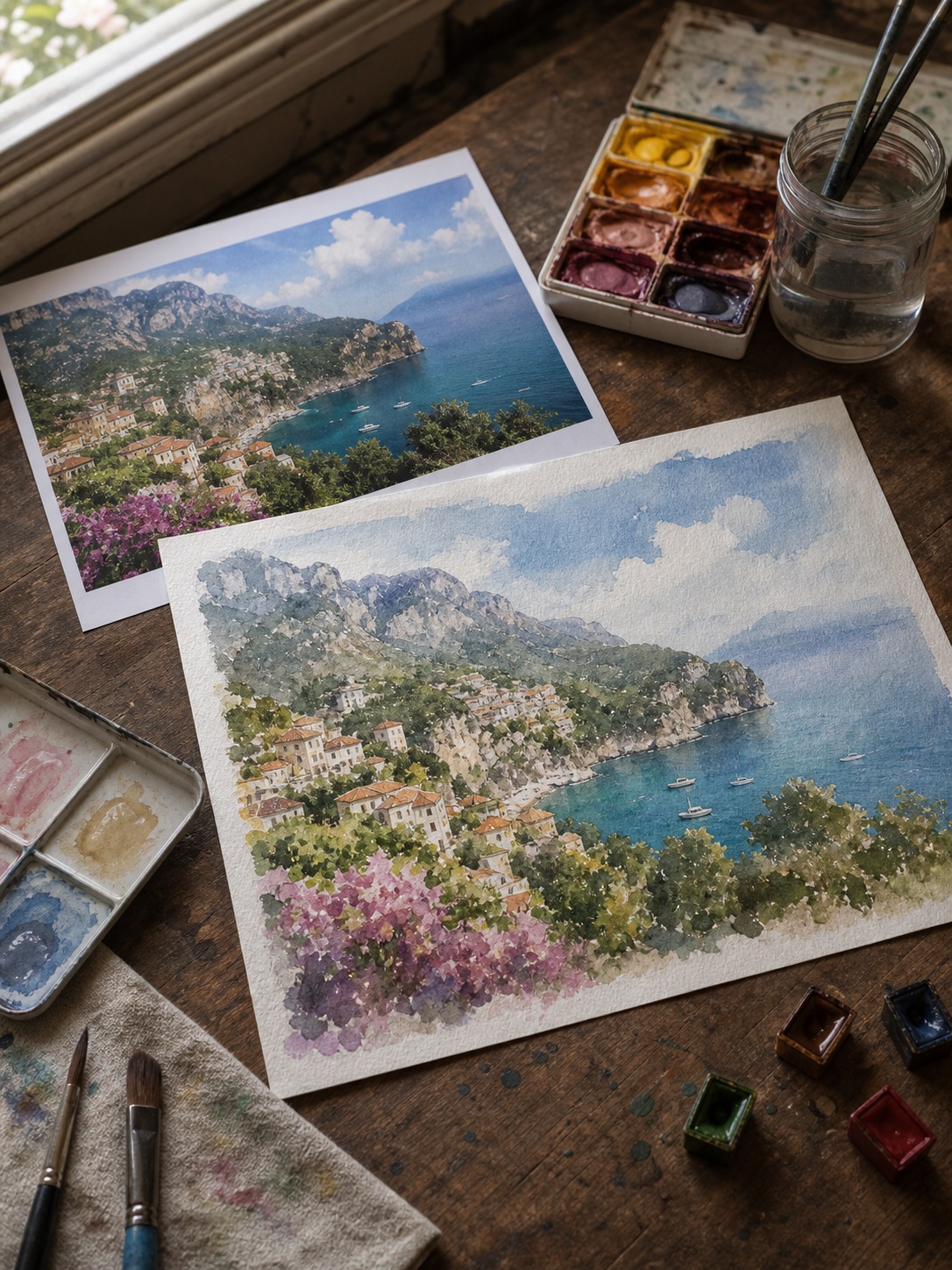 A watercolor-style AI conversion of a travel photo printed near real watercolor supplies.