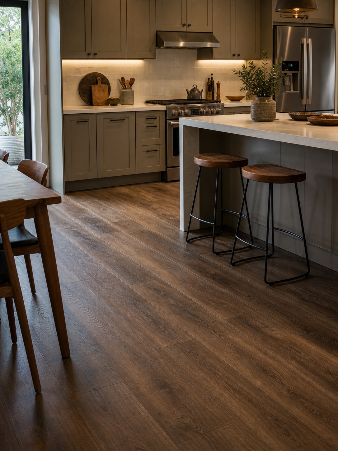 Modern family kitchen with warm walnut luxury vinyl plank flooring and taupe cabinetry.