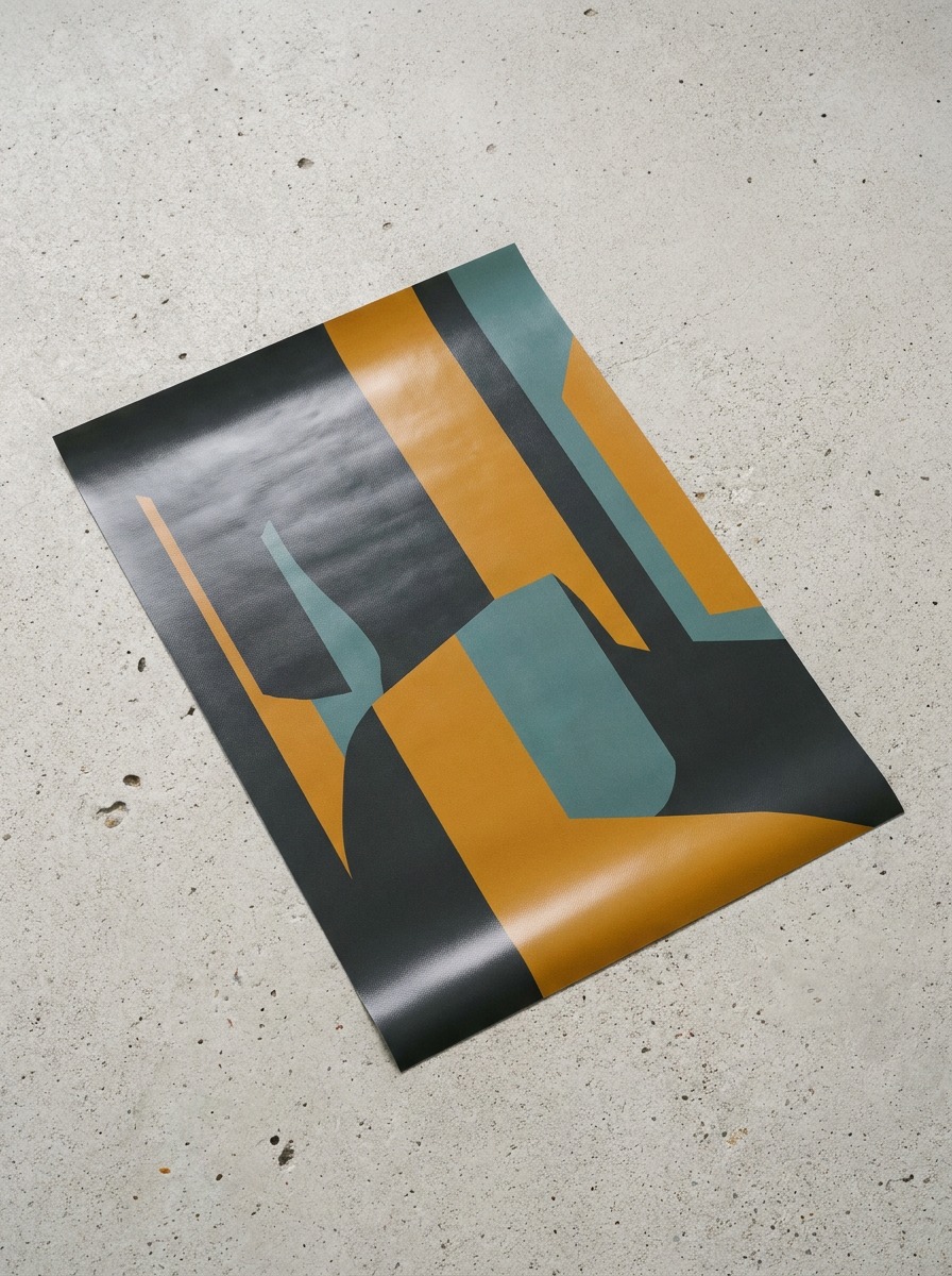 Weatherproof vinyl poster sample A weatherproof vinyl poster sample on a textured concrete studio surface. | Sky Rye Design A weatherproof vinyl poster sample on a textured concrete studio surface.