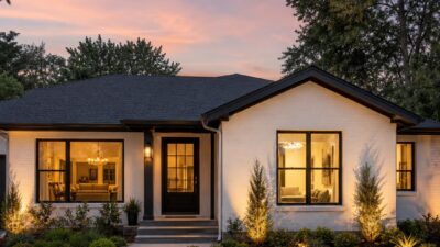 Single-story home exterior at dusk with warm window light and crisp dark trim.