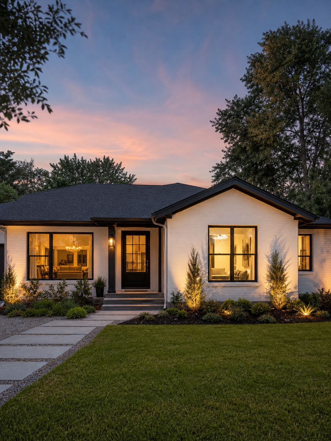 Single-story home exterior at dusk with warm window light and crisp dark trim.