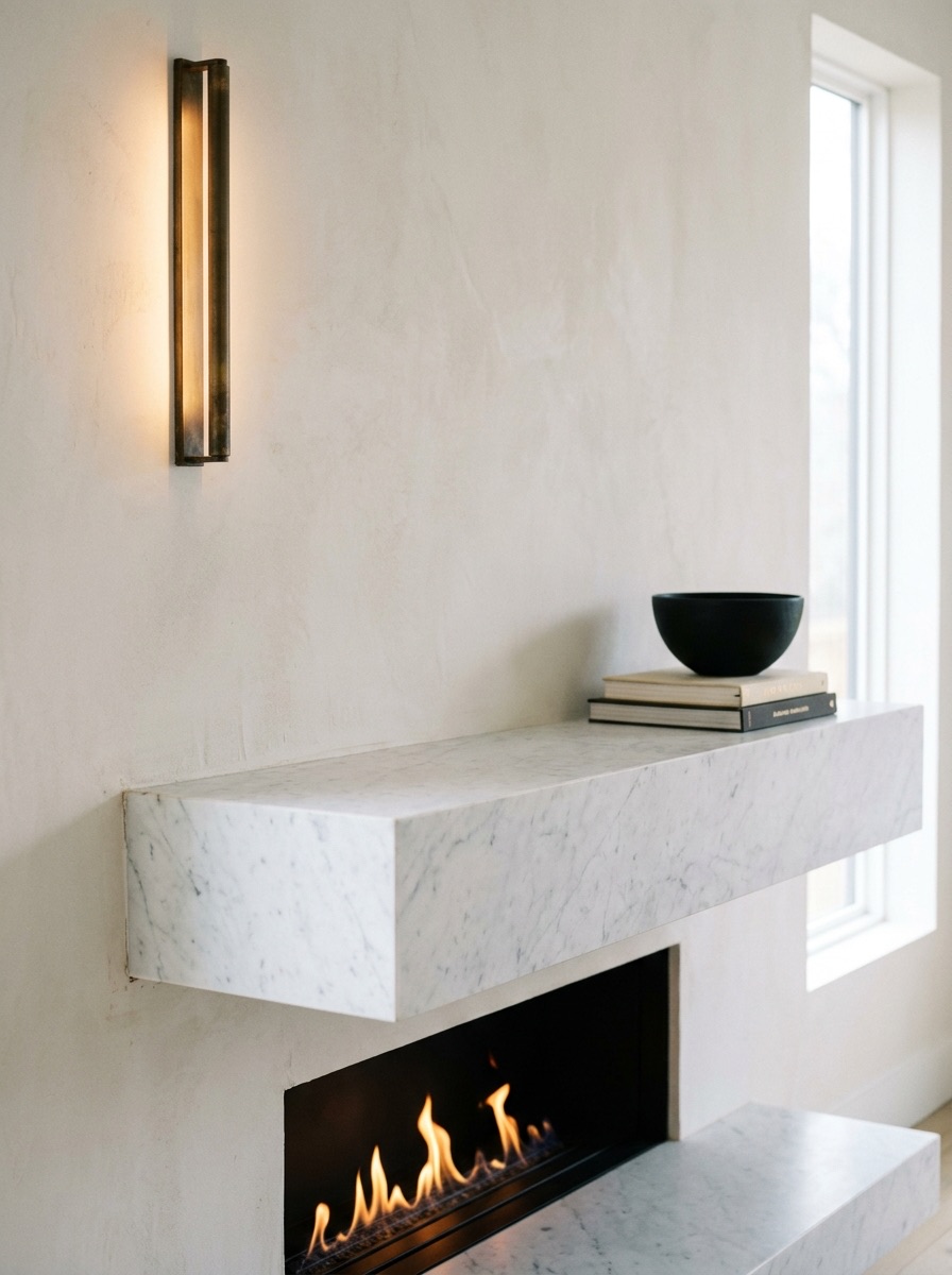Modern fireplace mantel with white marble shelf, wall sconce, black bowl, and minimalist mantel decor ideas