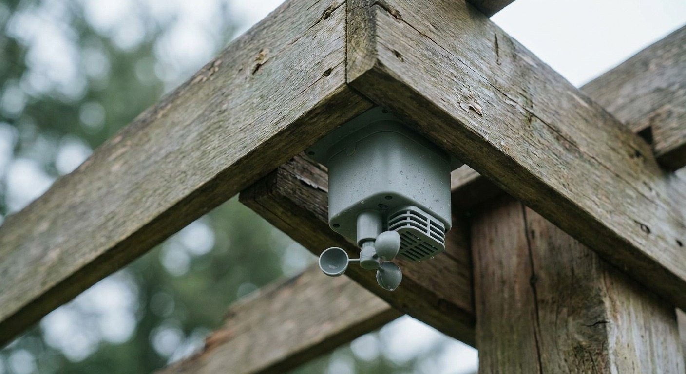 Small weatherproof wind and rain sensor module mounted at the edge of a pergola frame