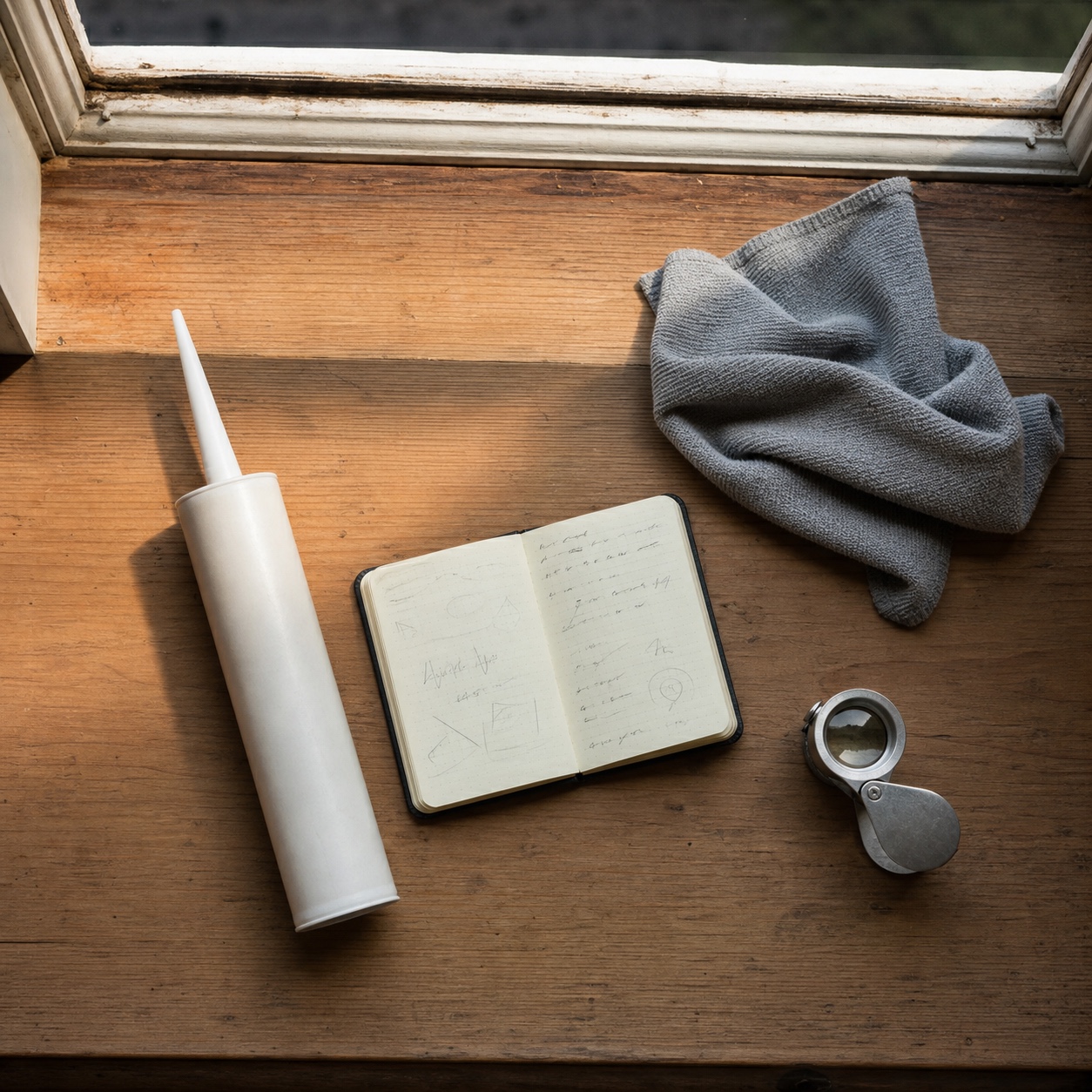 Simple window maintenance kit on a sill Window maintenance kit with sealant, cloth, notebook, and magnifying loupe on a wooden sill. | Sky Rye Design Window maintenance kit with sealant, cloth, notebook, and magnifying loupe on a wooden sill.