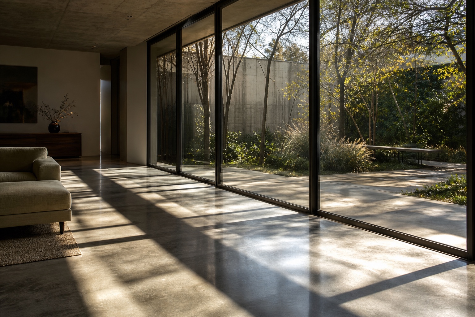 Light patterns through a full-height glass wall Sunlit modern living room with floor-to-ceiling glass doors opening to a garden, casting long shadows on the polished concrete floor. | Sky Rye Design Sunlight casting sharp geometric patterns through a full-height glass wall onto a polished concrete floor.