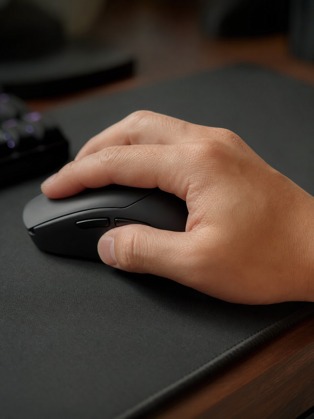 Hand resting in a relaxed palm grip over a wireless gaming mouse