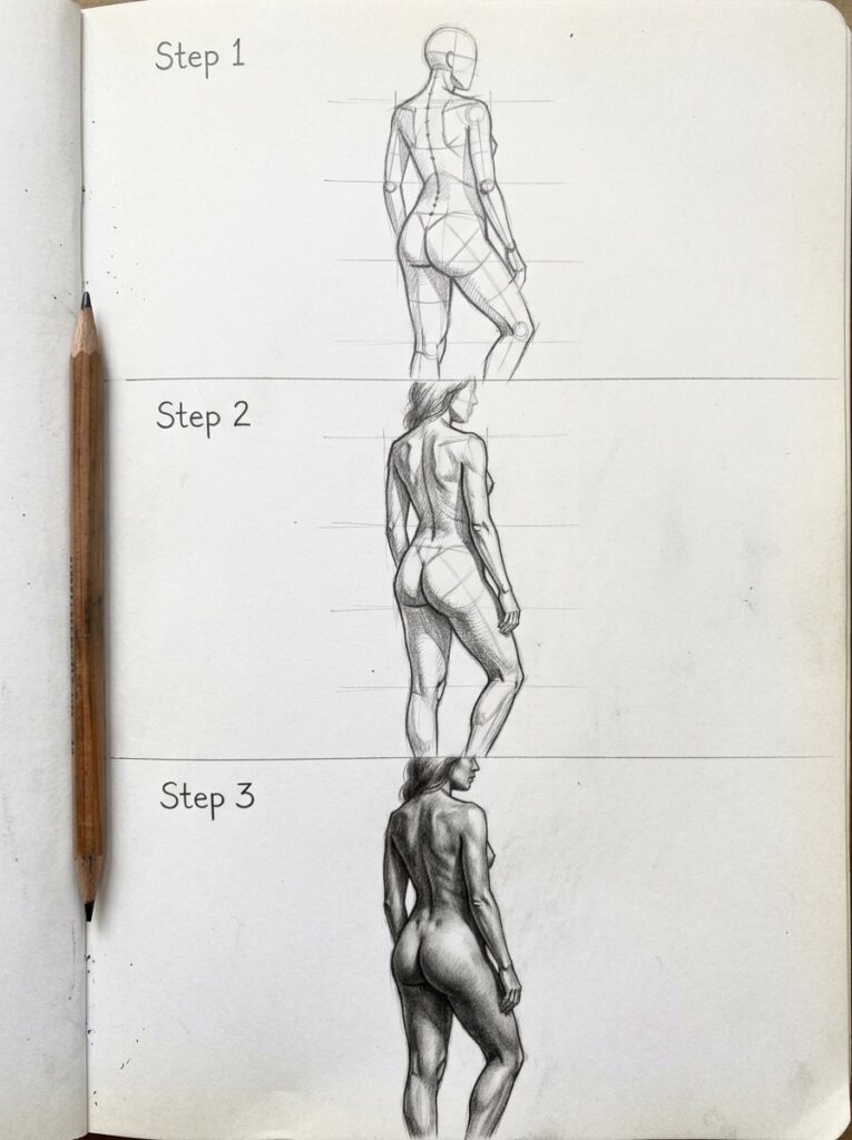 Woman Body Pencil Drawing Tutorial Step-by-step pencil drawing tutorial of a woman body in three steps | Sky Rye Design Step-by-step pencil drawing tutorial of a woman body in three steps
