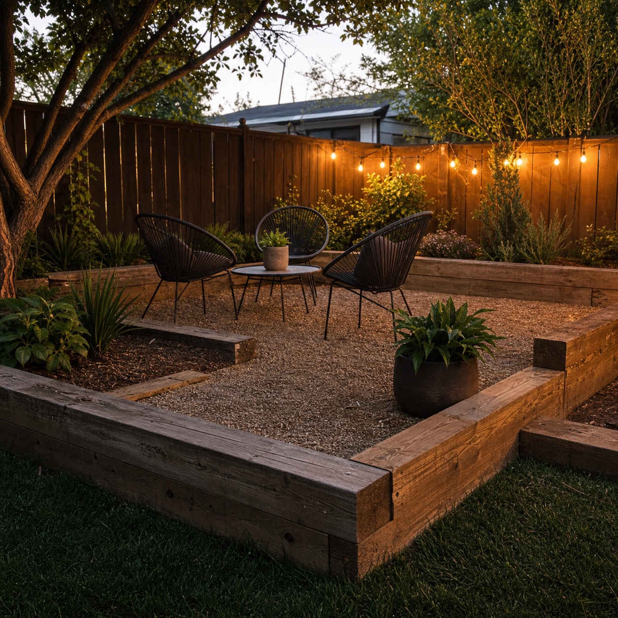 Wooden sleeper patio frame Wooden sleeper patio frame around a gravel seating area with chairs, planters and evening garden lights | Sky Rye Design Wooden sleeper patio frame around a gravel seating area with chairs, planters and evening garden lights