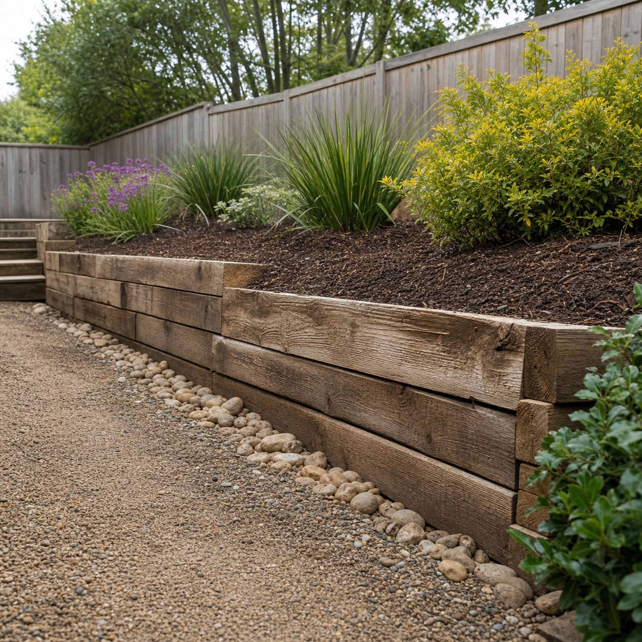 Wooden sleeper retaining wall Wooden sleeper retaining wall with stacked timber, gravel drainage, mulch and shrubs on a garden slope | Sky Rye Design Wooden sleeper retaining wall with stacked timber, gravel drainage, mulch and shrubs on a garden slope