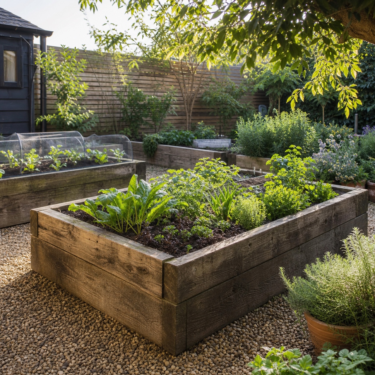 Wooden sleepers garden raised beds Wooden sleepers garden raised beds with gravel paths, leafy vegetables and herbs in a sunny backyard | Sky Rye Design Wooden sleepers garden raised beds with gravel paths, leafy vegetables and herbs in a sunny backyard