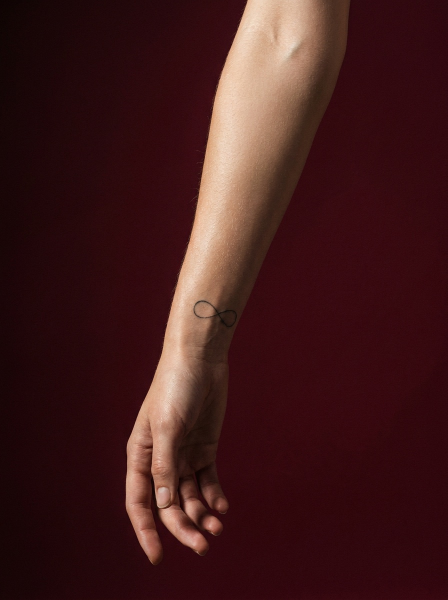 A small fine-line infinity tattoo centered on a wrist in burgundy studio light