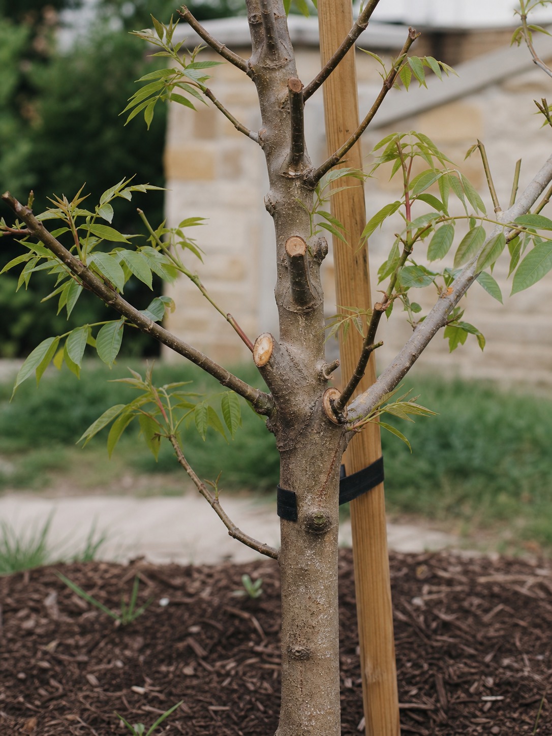 Young Chinese pistache tree with structural pruning cuts and a support stake in a fresh mulch bed.