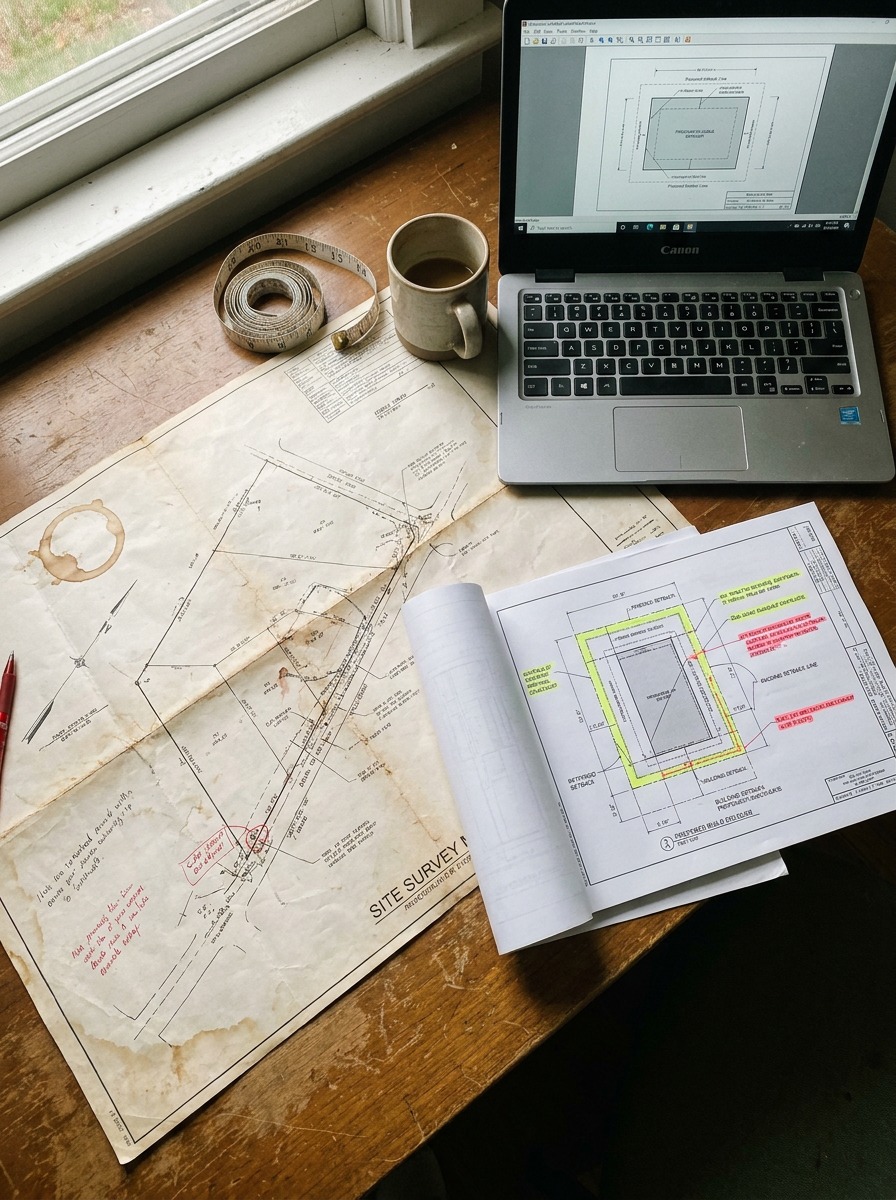 Feasibility Study Desk Setup with Site Survey Map Top-down photograph of an architectural feasibility study desk setup with a site survey map and zoning code printout. | Sky Rye Design Top-down photograph of an architectural feasibility study desk setup with a site survey map and zoning code printout.