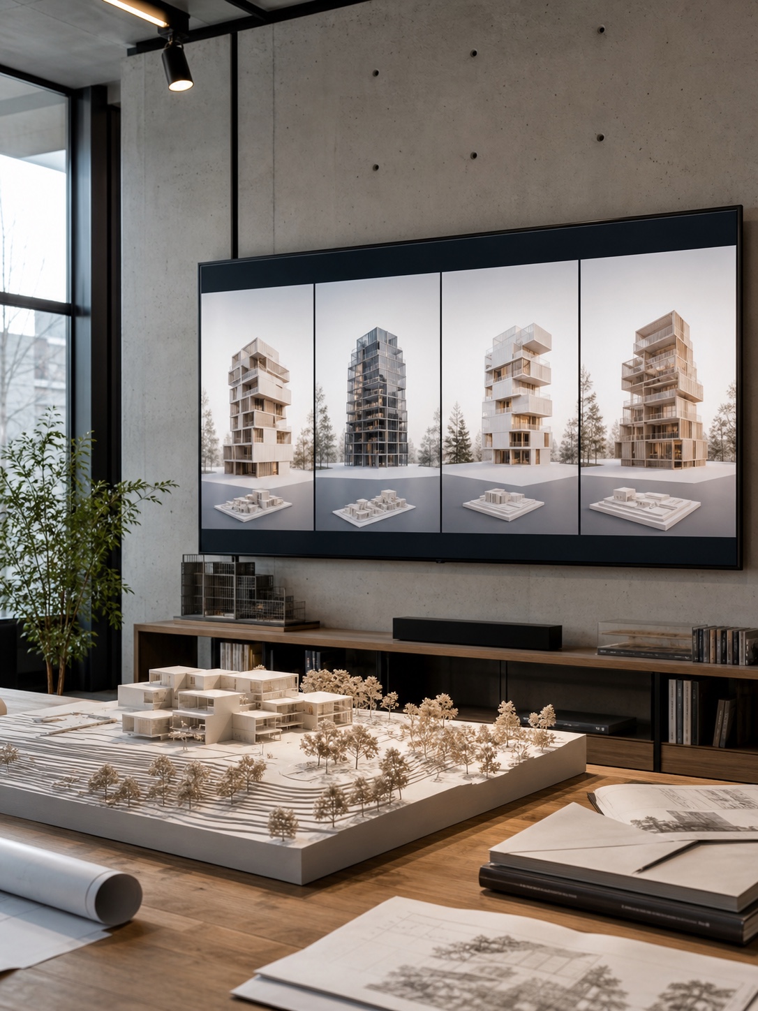 modern architecture studio, AI design options on screen for an article about artificial intelligence in architecture