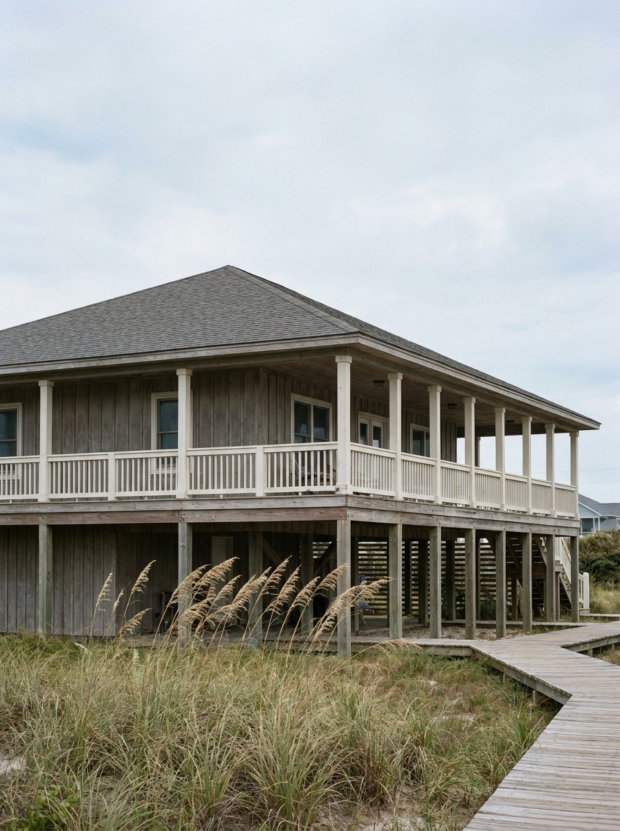 Elevated coastal house on pilings with a gray board-and-batten facade and dune grass in front Elevated coastal house on pilings with a gray board-and-batten facade and dune grass in front. | Sky Rye Design Elevated coastal house on pilings with a gray board-and-batten facade and dune grass in front.
