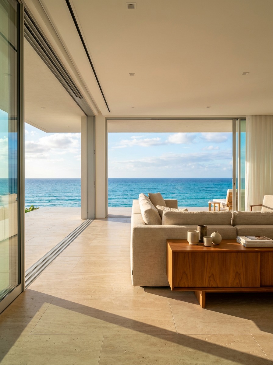 Indoor-outdoor Hawaiian living room with ocean view Open Hawaiian resort condo living room with retracted glass doors, sand-toned sofa, stone flooring, and ocean view. | Sky Rye Design Open Hawaiian resort condo living room with retracted glass doors, sand-toned sofa, stone flooring, and ocean view.