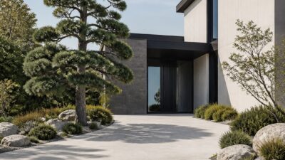 Modern concrete driveway leading to a clean home entrance with minimalist landscaping