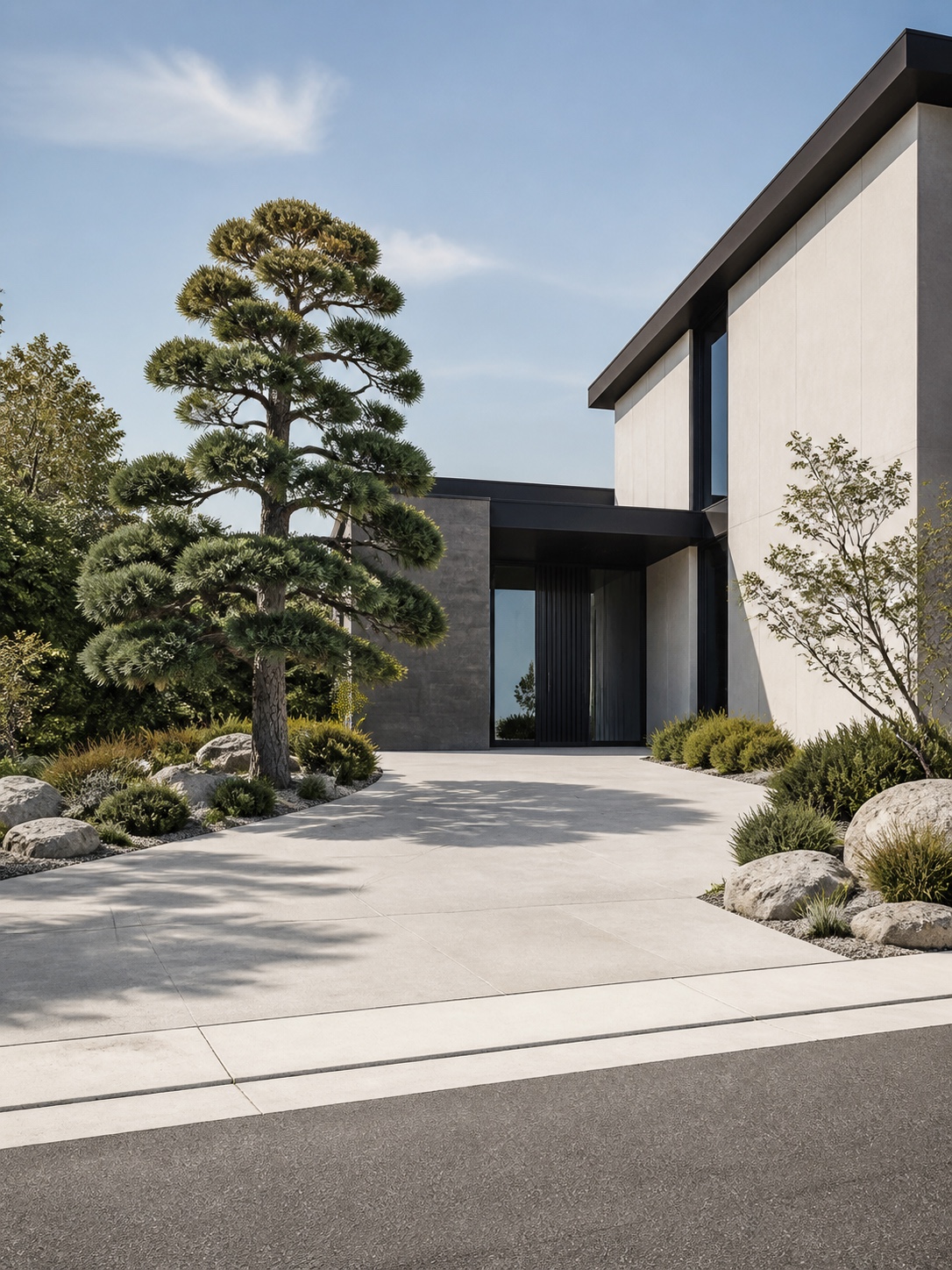Driveway design idea - modern driveway leading to house entrance Modern concrete driveway leading to a clean home entrance with minimalist landscaping | Sky Rye Design Modern concrete driveway leading to a clean home entrance with minimalist landscaping