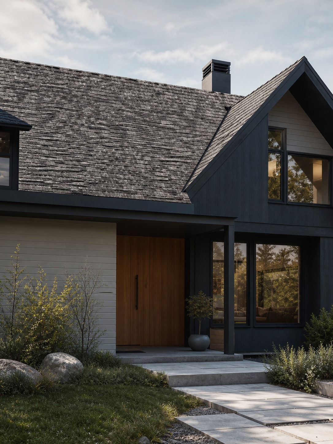 Hero modern house exterior with aging roof detail Modern home exterior with an aging asphalt shingle roof showing uneven color and curling near the ridge. | Sky Rye Design Modern home exterior with an aging asphalt shingle roof showing uneven color and curling near the ridge.