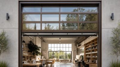open glass garage door on a modern office facade